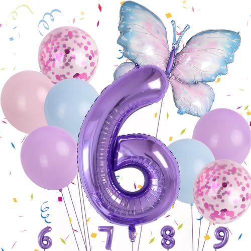 Minicloss Blau Lila Schmetterling Luftballon 6. Geburtstag Blau Lila Geburtstagsdeko Luftballon Schmetterling 6 für Kindertag Party Dekoration Jungen Mädchen Schmetterling Themen Party von Minicloss