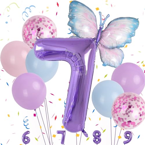 Minicloss Blau Lila Schmetterling Luftballon 7. Geburtstag Blau Lila Geburtstagsdeko Luftballon Schmetterling 7 für Kindertag Party Dekoration Jungen Mädchen Schmetterling Themen Party von Minicloss