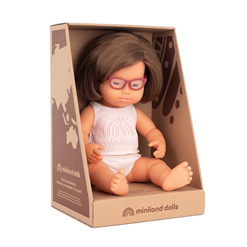 Miniland europäisches Mädchen 38cm mit Down-Syndrom, mit Brille,in Geschenkschachtel, 31111, Weiß von Miniland