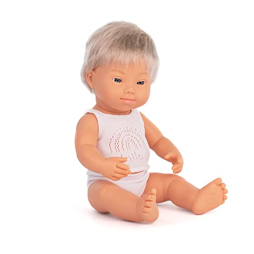 Miniland Dolls: europäische Babypuppe Junge, blond, mit Down Syndrom aus weichem Vinyl, 38 cm, präsentiert mit Unterwäsche in Geschenkbox (31263) von Miniland