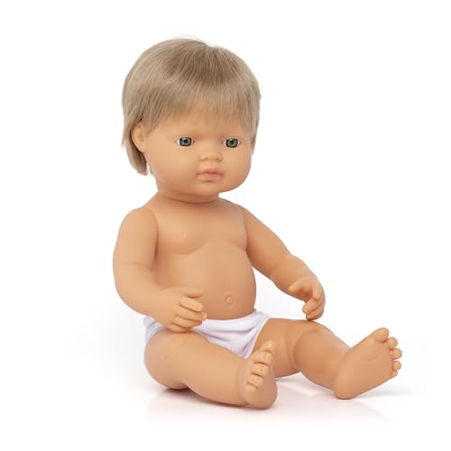 Miniland Dolls: europäische Babypuppe Junge mit dunkelblondem Haar, 38cm, aus weichem Vinyl, in transparenter Tüte. (31229), Natur, 15 inch, Kaukasisch, Blond von Miniland