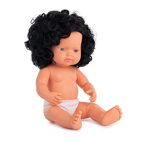 Miniland Dolls: europäische Babypuppe Mädchen mit schwarzen Locken, 38cm, aus weichem Vinyl, in transparenter Tüte. (31232) von Miniland