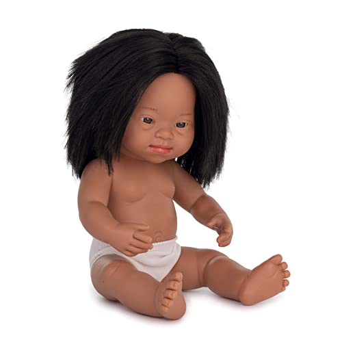 Miniland Dolls: lateinamerikanische Babypuppe Mädchen, mit Down Syndrom aus weichem Vinyl, 38 cm, in transparenter Tüte. (31238), Natur von Miniland