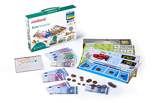 Spielgeldset Euro Shopping mit Euro-Scheinen und Münzen in Echtgröße, 14 Scheine, 24 Münzen, 18 Spielkarten, Anleitung-45308 von Miniland