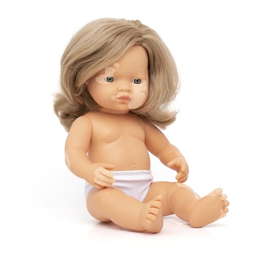 Miniland: Kaukasische dunkelblonde Babypuppe mit Vitiligo, 38cm, handgefertigt in Spanien aus weichem Vinyl Puppen. von Miniland