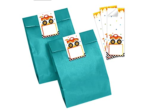 10 Geschenktüten (Petrol) + 10 Aufkleber Monster-Truck Geschenktüten für Mitgebsel Gastgeschenk einpacken beim Kindergeburtstag Jungensgeburtstag von Minkocards