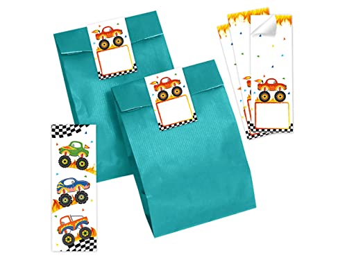 10 Lesezeichen + 10 Geschenktüten (Petrol) + 10 Aufkleber Monster-Truck Mitgebselset Gastgeschenke für Kindergeburtstag Jungsgeburtstag von Minkocards