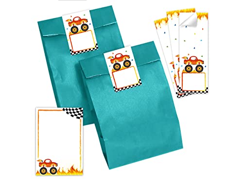 10 Mini-Notizblöcke + 10 Geschenktüten (Petrol) + 10 Aufkleber Baustelle Monster-Truck Mitgebselset Gastgeschenke für Kindergeburtstag Jungsgeburtstag von Minkocards