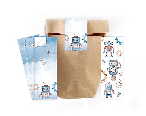 Minkocards 12 Lesezeichen + 12 Geschenktüten (Natur) + 12 Aufkleber Roboter Mitgebselset Gastgeschenke für Kindergeburtstag Jungsgeburtstag von Minkocards