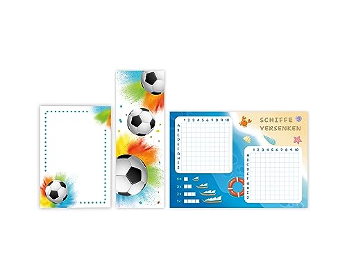 12 Mini-Notizblöcke + 12 Lesezeichen + 12 Schiffe versenken Fußball Fussball Mitgebsel für Kindergeburtstag Gastgeschenke für Kinder Jungsgeburtstag Jungen von Minkocards