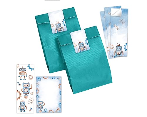 Minkocards 6 Lesezeichen + 6 Notizblöcke + 6 Geschenktüten (Petrol) + 6 Aufkleber Roboter Mitgebselset Gastgeschenke für Kindergeburtstag Jungsgeburtstag von Minkocards