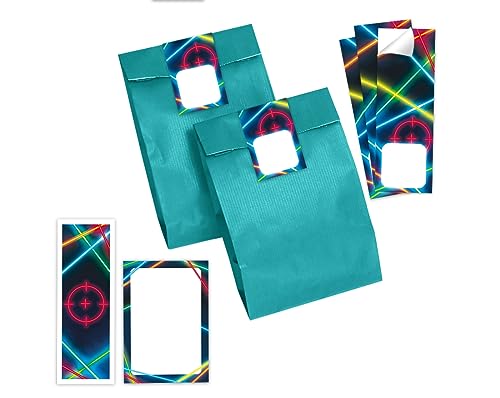 Minkocards 8 Lesezeichen + 8 Notizblöcke + 8 Geschenktüten (Petrol) + 8 Aufkleber Lasertag Laser Tag Mitgebselset Gastgeschenke für Kindergeburtstag Jungen Mädchen von Minkocards