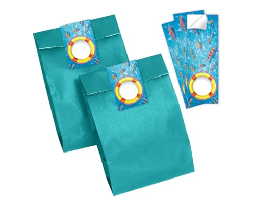 Minkocards 10 Geschenktüten (petrol) + 10 Aufkleber Pool-Party Schwimmbad Geschenktüten für Mitgebsel Mädchen Jungen Gastgeschenk einpacken beim Kindergeburtstag Mädchengeburtstag Jungengeburtstag von Minkocards