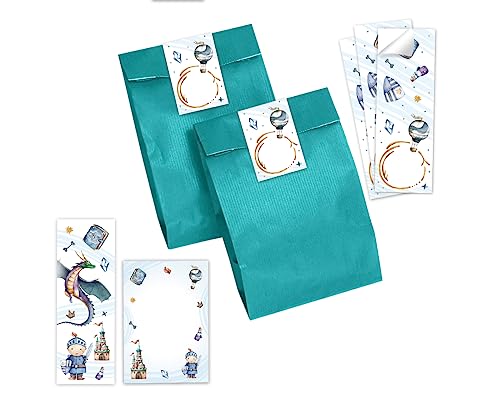 Minkocards 10 Lesezeichen + 10 Notizblöcke + 10 Geschenktüten (Petrol) + 10 Aufkleber Ritter Drache Mitgebselset Gastgeschenke für Kindergeburtstag Jungsgeburtstag von Minkocards