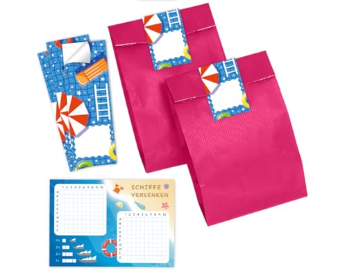 Minkocards 10 Schiffe versenken + 10 Geschenktüten (pink) + 10 Aufkleber Pool-Party Schwimmbad Mitgebsel für Jungen Mädchen Gastgeschenke für Kindergeburtstag Mädchengeburtstag Jungengeburtstag von Minkocards