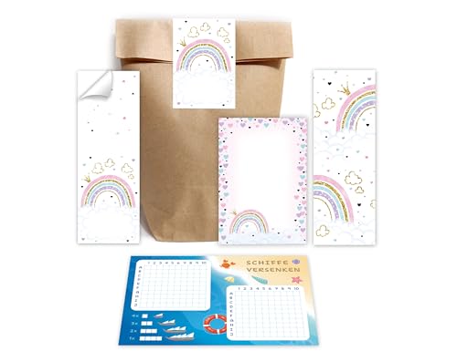 Minkocards 10 Schiffe versenken + 10 Lesezeichen + 10 Blöcke + 10 Geschenktüten (Natur) + 10 Aufkleber Regenbogen Mitgebsel für Mädchen Gastgeschenke für Kindergeburtstag von Minkocards