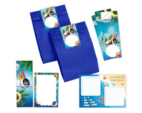 Minkocards 10 Schiffe versenken + 10 Lesezeichen + 10 Blöcke + 10 Geschenktüten (blau) + 10 Aufkleber Pool-Party Schwimmbad Mitgebsel für Mädchen Jungen Gastgeschenke für Kindergeburtstag von Minkocards