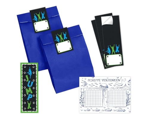 Minkocards 10 Schiffe versenken + 10 Lesezeichen + 10 Geschenktüten (blau) + 10 Aufkleber Jump Mitgebsel für Mädchen Jungen Gastgeschenke für Kindergeburtstag von Minkocards