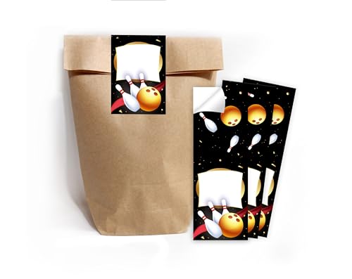 Minkocards 12 Geschenktüten (Natur) + 12 Aufkleber Bowlling Kegeln Bowling-Party Geschenktüten für Mitgebsel Gastgeschenk einpacken beim Kindergeburtstag Mädchengeburtstag Jungsgeburtstag von Minkocards