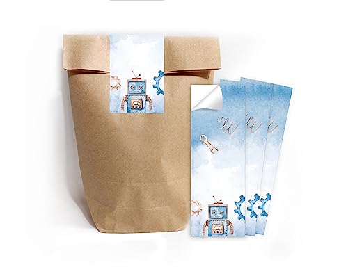 Minkocards 12 Geschenktüten (Natur) + 12 Aufkleber Roboter Geschenktüten für Mitgebsel Gastgeschenk einpacken beim Kindergeburtstag Jungensgeburtstag von Minkocards