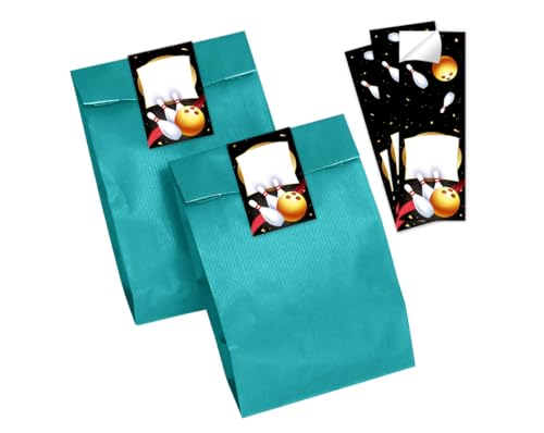 Minkocards 12 Geschenktüten (Petrol) + 12 Aufkleber Bowlling Kegeln Bowling-Party Geschenktüten für Mitgebsel Gastgeschenk einpacken beim Kindergeburtstag Mädchengeburtstag Jungsgeburtstag von Minkocards