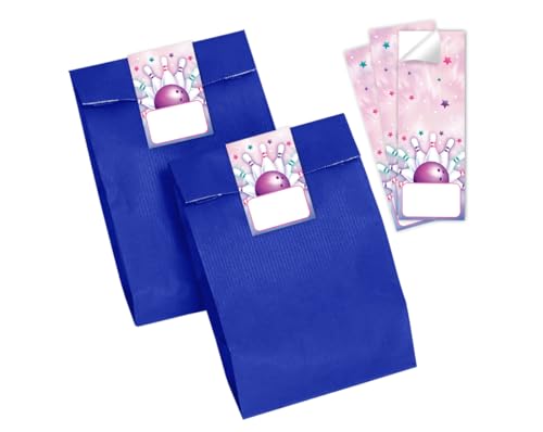 Minkocards 12 Geschenktüten (blau) + 12 Aufkleber Bowling Kegeln Geschenktüten für Mitgebsel Gastgeschenk einpacken beim Kindergeburtstag Mädchen Mädchengeburtstag von Minkocards