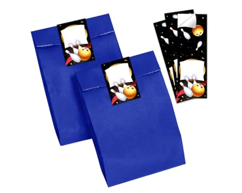 Minkocards 12 Geschenktüten (blau) + 12 Aufkleber Bowlling Kegeln Bowling-Party Geschenktüten für Mitgebsel Gastgeschenk einpacken beim Kindergeburtstag Mädchengeburtstag Jungsgeburtstag von Minkocards