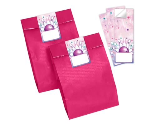 Minkocards 12 Geschenktüten (pink) + 12 Aufkleber Bowling Kegeln Geschenktüten für Mitgebsel Gastgeschenk einpacken beim Kindergeburtstag Mädchen Mädchengeburtstag von Minkocards