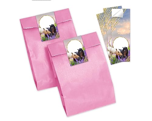 Minkocards 12 Geschenktüten (rosa) + 12 Aufkleber Zwei Pferde Geschenktüten für Mitgebsel Gastgeschenk einpacken beim Kindergeburtstag Mädchengeburtstag von Minkocards