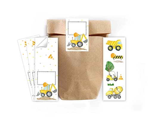 Minkocards 12 Lesezeichen + 12 Geschenktüten (Natur) + 12 Aufkleber Baustelle Bagger Mitgebselset Gastgeschenke für Kindergeburtstag Jungsgeburtstag von Minkocards