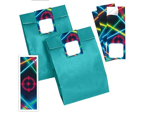 Minkocards 12 Lesezeichen + 12 Geschenktüten (Petrol) + 12 Aufkleber Lasertag Laser Tag Mitgebselset Gastgeschenke für Kindergeburtstag Jungsgeburtstag Mädchengeburtstag von Minkocards