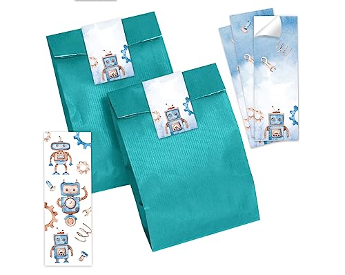 Minkocards 12 Lesezeichen + 12 Geschenktüten (Petrol) + 12 Aufkleber Roboter Mitgebselset Gastgeschenke für Kindergeburtstag Jungsgeburtstag von Minkocards