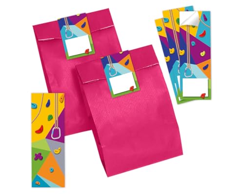 Minkocards 12 Lesezeichen + 12 Geschenktüten (pink) + 12 Aufkleber Klettern Bouldern Mitgebsel Mädchen Jungen Gastgeschenke für Kindergeburtstag Mädchengeburtstag Jungengeburtstag von Minkocards