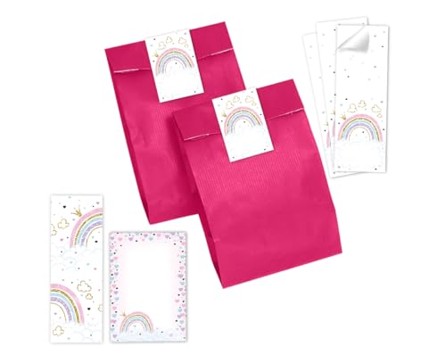 Minkocards 12 Lesezeichen + 12 Notizblöcke + 12 Geschenktüten (pink) + 12 Aufkleber Regenbogen Mitgebsel für Mädchen Gastgeschenke für Kindergeburtstag von Minkocards