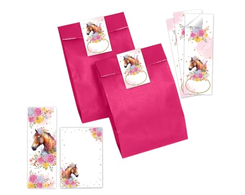 Minkocards 12 Lesezeichen + 12 Notizblöcke + 12 Geschenktüten (rosa) + 12 Aufkleber Pferd Mitgebselset Gastgeschenke für Kindergeburtstag Mädchengeburtstag von Minkocards