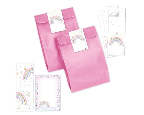 Minkocards 12 Lesezeichen + 12 Notizblöcke + 12 Geschenktüten (rosa) + 12 Aufkleber Regenbogen Mitgebsel für Mädchen Gastgeschenke für Kindergeburtstag von Minkocards