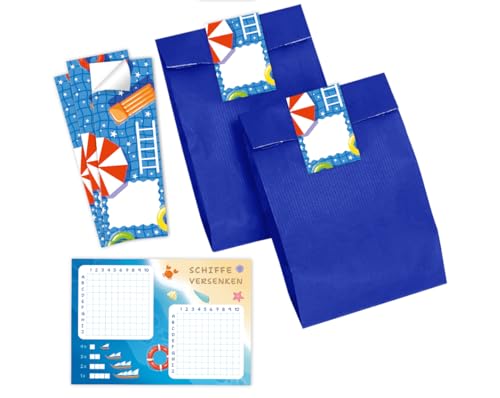 Minkocards 12 Schiffe versenken + 12 Geschenktüten (blau) + 12 Aufkleber Pool-Party Schwimmbad Mitgebsel für Jungen Mädchen Gastgeschenke für Kindergeburtstag Mädchengeburtstag Jungengeburtstag von Minkocards