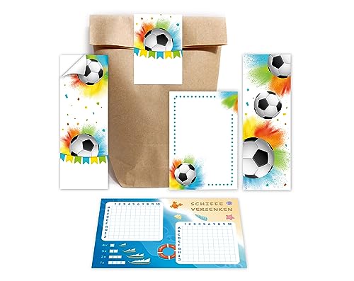 Minkocards 12 Schiffe versenken + 12 Lesezeichen + 12 Blöcke + 12 Geschenktüten (Natur) + 12 Aufkleber Fußball Fussball Mitgebselset Gastgeschenke für Kindergeburtstag Jungsgeburtstag Jungen von Minkocards