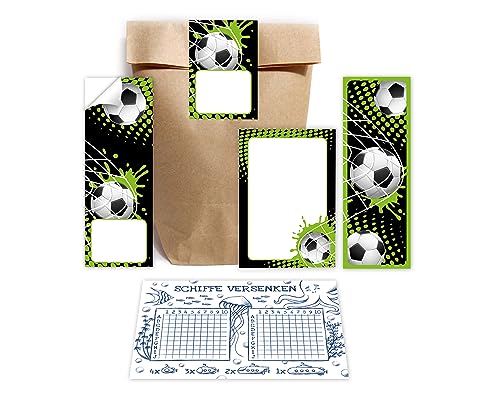 Minkocards 12 Schiffe versenken + 12 Lesezeichen + 12 Blöcke + 12 Geschenktüten (Natur) + 12 Aufkleber Fussball Fußball Mitgebselset Gastgeschenke für Kindergeburtstag Jungsgeburtstag Jungen von Minkocards