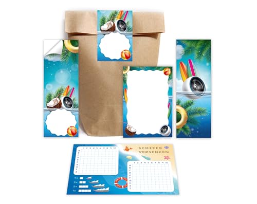 Minkocards 12 Schiffe versenken + 12 Lesezeichen + 12 Blöcke + 12 Geschenktüten (Natur) + 12 Aufkleber Pool-Party Schwimmbad Mitgebsel für Mädchen Jungen Gastgeschenke für Kindergeburtstag von Minkocards