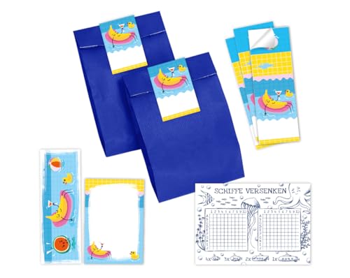 Minkocards 12 Schiffe versenken + 12 Lesezeichen + 12 Blöcke + 12 Geschenktüten (blau) + 12 Aufkleber Schwimmbad Pool-Party Mitgebsel für Mädchen Jungen Gastgeschenke für Kindergeburtstag von Minkocards