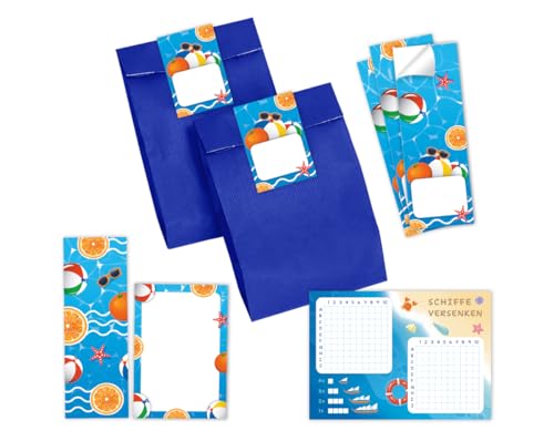 Minkocards 12 Schiffe versenken + 12 Lesezeichen + 12 Blöcke + 12 Geschenktüten (blau) + 12 Aufkleber Schwimmbad Pool-Party Mitgebsel für Mädchen Jungen Gastgeschenke für Kindergeburtstag von Minkocards