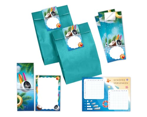 Minkocards 12 Schiffe versenken + 12 Lesezeichen + 12 Blöcke + 12 Geschenktüten (Petrol) + 12 Aufkleber Pool-Party Schwimmbad Mitgebsel für Mädchen Jungen Gastgeschenke für Kindergeburtstag von Minkocards