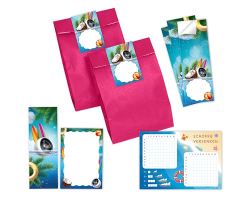 Minkocards 12 Schiffe versenken + 12 Lesezeichen + 12 Blöcke + 12 Geschenktüten (pink) + 12 Aufkleber Pool-Party Schwimmbad Mitgebsel für Mädchen Jungen Gastgeschenke für Kindergeburtstag von Minkocards