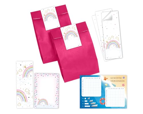 Minkocards 12 Schiffe versenken + 12 Lesezeichen + 12 Blöcke + 12 Geschenktüten (pink) + 12 Aufkleber Regenbogen Mitgebsel für Mädchen Gastgeschenke für Kindergeburtstag von Minkocards