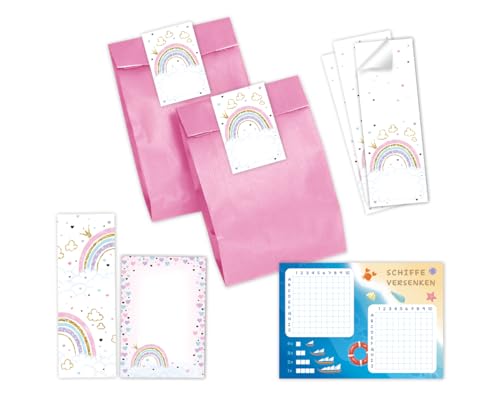 Minkocards 12 Schiffe versenken + 12 Lesezeichen + 12 Blöcke + 12 Geschenktüten (rosa) + 12 Aufkleber Regenbogen Mitgebsel für Mädchen Gastgeschenke für Kindergeburtstag von Minkocards