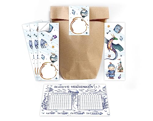 Minkocards 12 Schiffe versenken + 12 Lesezeichen + 12 Geschenktüten (Natur) + 12 Aufkleber Ritter Drache Mitgebselset Gastgeschenke für Kindergeburtstag Jungsgeburtstag von Minkocards