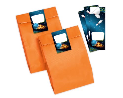 Minkocards 6 Geschenktüten (orange) + 6 Aufkleber Bowlling Kegeln Bowling-Party Geschenktüten für Mitgebsel Gastgeschenk einpacken beim Kindergeburtstag Mädchengeburtstag Jungsgeburtstag von Minkocards