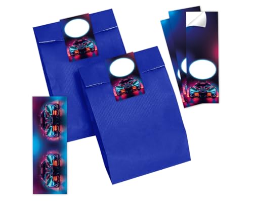 Minkocards 6 Lesezeichen + 6 Geschenktüten (blau) + 6 Aufkleber Rennwagen Auto Mitgebselset Gastgeschenke für Kindergeburtstag Jungsgeburtstag von Minkocards