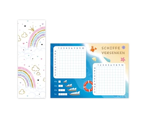 Minkocards 6 Lesezeichen + 6 Schiffe versenken Mädchen Regenbogen Mitgebsel für Kindergeburtstag Gastgeschenke für Kinder Mädchengeburtstag von Minkocards